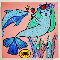 李茵琦 Amabie和海豚，海底一顆神的眼睛 壓克力 顏料 油漆 畫布 18x18 cm 2020